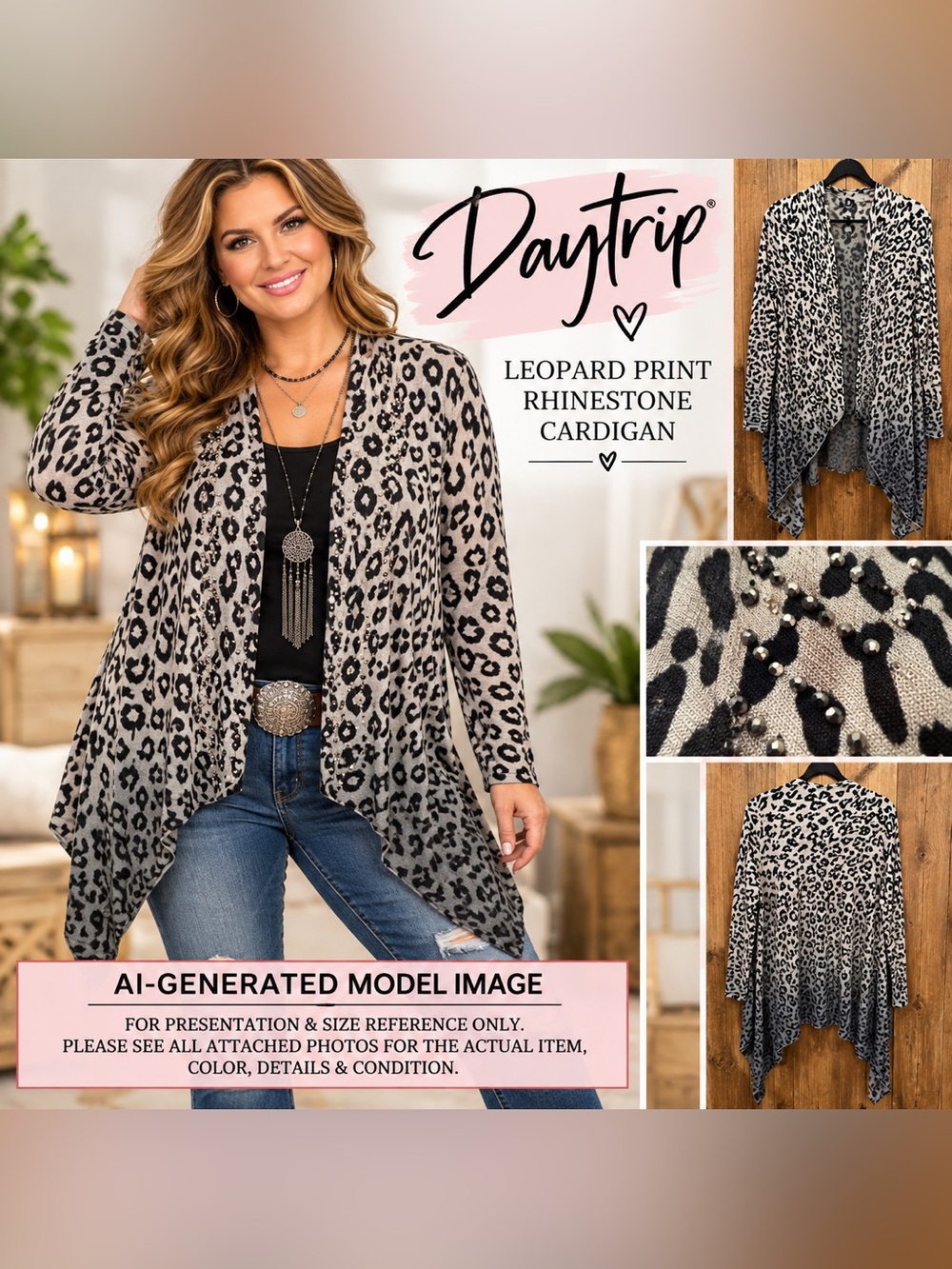Daytrip Leopard Print Rhinestone Embellished Sharkbite Cardigan